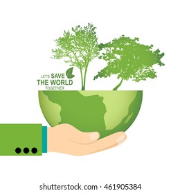 Save the world poster design template with hand holding globe and tree. Vector illustration