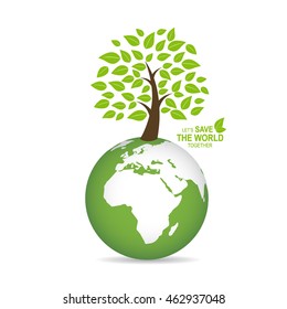 Save the world poster design template with globe and tree. Vector illustration