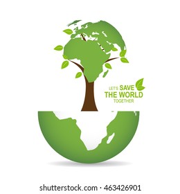 Save the world poster design template with globe and tree. Vector illustration