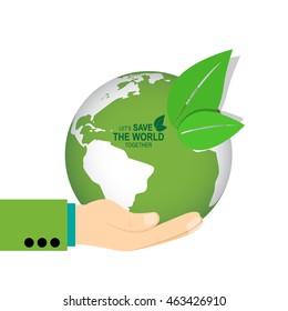 Save the world poster design template with hand holding globe. Vector illustration
