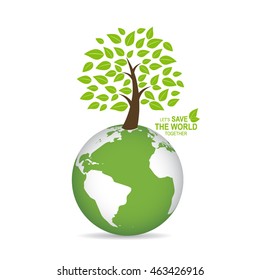 Save the world poster design template with globe and tree. Vector illustration