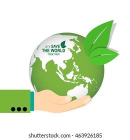 Save the world poster design template with hand holding globe. Vector illustration