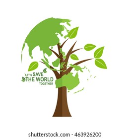 Save the world poster design template with globe and tree. Vector illustration