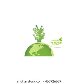 Save the world poster design template with globe and tree. Vector illustration