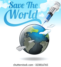 Guardar el afiche del mundo con la tierra y la ilustración de la aguja