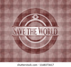 Save the World red emblem with geometric pattern background. Seamless.