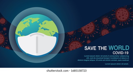  Salvemos al mundo. La respiración de seguridad máscaras el virus Corona detiene la propagación del virus COVID-19. Virus en fondo azul.