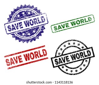 SAVE WORLD seal prints with corroded texture. Black, green,red,blue vector rubber prints of SAVE WORLD title with retro texture. Rubber seals with round, rectangle, medallion shapes.