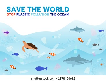 Save the World and Stop plastic pollution the ocean, Abstract Graphic Design Background, Vector illustration.