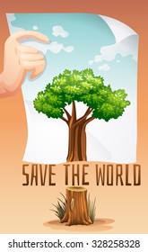 Save The World Theme With Tree And Paper Illustration