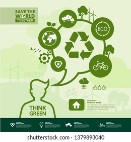 Save the world together green ecology vector illustration.