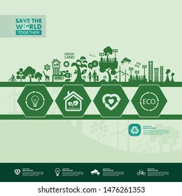 Save the world together green ecology vector illustration.
