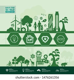 Save the world together green ecology vector illustration.