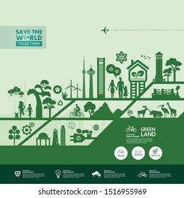 Save the world together green ecology vector illustration.