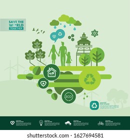 Save the world together green ecology vector illustration.