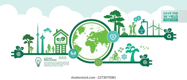 Save the world together green ecology vector illustration.