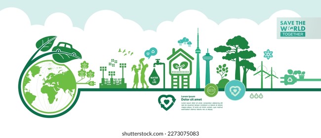 Save the world together green ecology vector illustration.