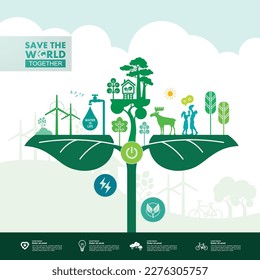 Save the world together green ecology vector illustration.