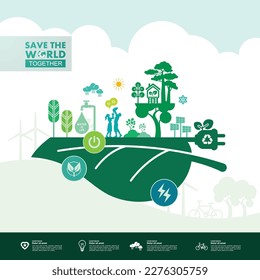 Save the world together green ecology vector illustration.