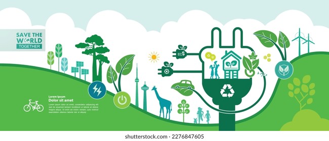 Save the world together green ecology vector illustration.