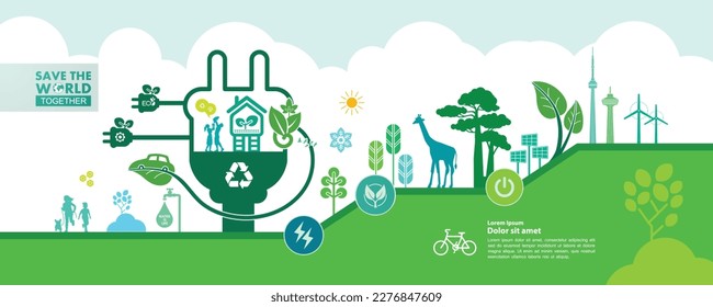 Save the world together green ecology vector illustration.