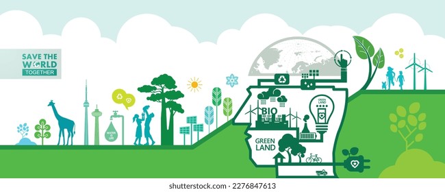 Save the world together green ecology vector illustration.