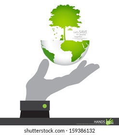 Save the world, Tree on a deforested globe and green globe. Vector illustration.