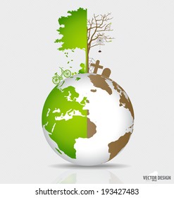 Save the world, Tree on a deforested globe and green globe. Vector illustration.