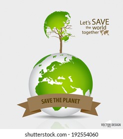 Save the world: Tree shaped world map on a globe. Vector illustration.