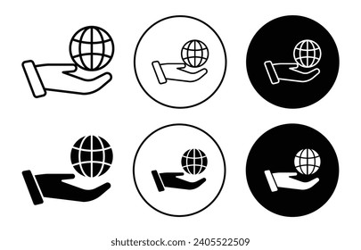 Speichern Sie das weltweite Vektorsymbol oder Symbolsatz.  umweltfreundlicher globaler Planet in sicherer Handpalmenklammer-Kunst. Umriss-Vektorgrafik eines nachhaltigen Weltfriedens 