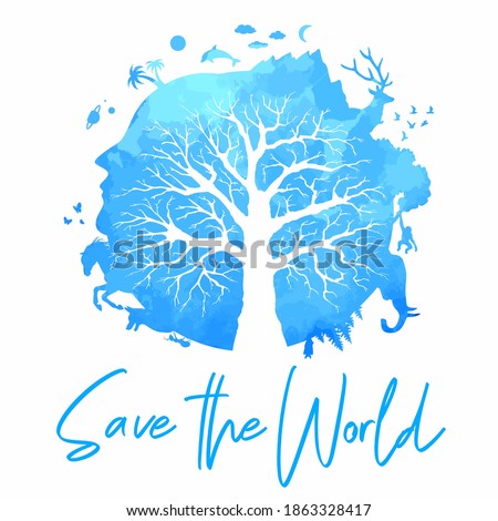 Save the world vector illustration. Blue planet earth tree with plants and animals silhouette.
