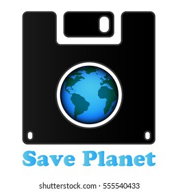 Save the World vector symbol. Save earth planet on floppy disk. Earth day card. 3D earth