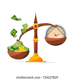 Save your money. Clock and money on scales vector illustration