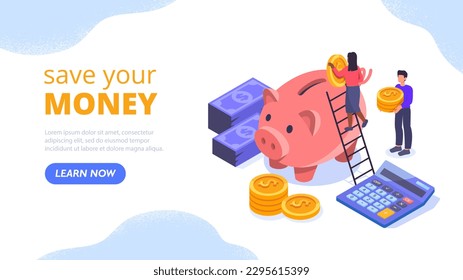 Save your money. Man and woman with gold coins near piggy bank. Investments and savings, family budget. Financial literacy and accounting, bookkeeping. Cartoon isometric vector illustration