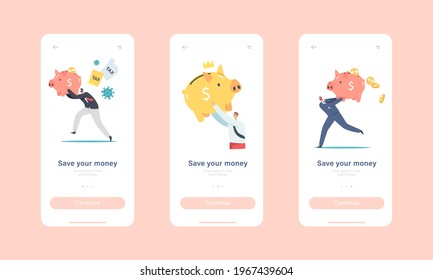 Save Your Money Mobile App Page Onboard Screen Template. Tiny Characters with Huge Piggy Bank. People Saving and Collect Money in Thrift-box, Bank Deposit Concept. Cartoon People Vector Illustration