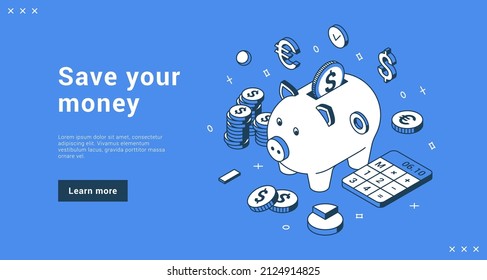 Save your money online calculation service piggy bank with falling coins landing page vector illustration. Saving currency, investment, retirement economy, banking bill, deposit, financial account