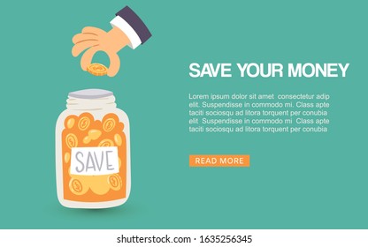 Save your money vector web illustration. Human hand puts money coins into jar, payment banking webpage or banner. Saving money ideas with golden coins. Text space and save your money quote.