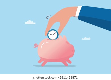 Save your time, business planning or outsourcing or hiring other people to do tedious work, productivity or efficiency, delegation concept, businessman hand put time clock into piggy bank saving.