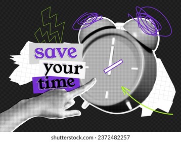 Save your time halftone collage poster with alarm clock and hand. Trendy retro style for banners and promotions. Deadline and time management concept. Contemporary vector pop art