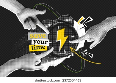 Save your time halftone collage poster with alarm clock and hand. Trendy retro style for banners and promotions. Deadline and time management concept. Contemporary vector pop art