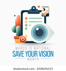 Save your vision month is observed every year in March, aims to increase awareness about good eye care and encourages people to get regular eye exams. Vector illustration