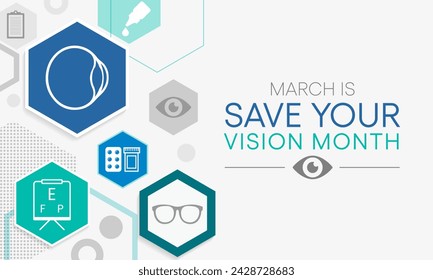 Save Your Vision Month wird jedes Jahr im März begangen, soll das Bewusstsein für eine gute Augenpflege schärfen und ermutigt die Menschen, sich regelmäßig Augenuntersuchungen zu unterziehen. Vektorgrafik