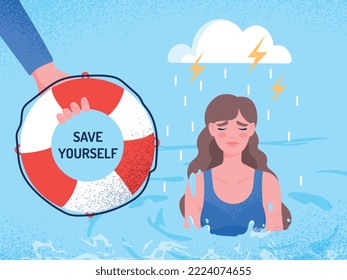 Save yourself concept. Woman sits in water in rain, and hand holds out lifebuoy to her. Motivation and fight against depression and frustration, psychological support. Cartoon flat vector illustration