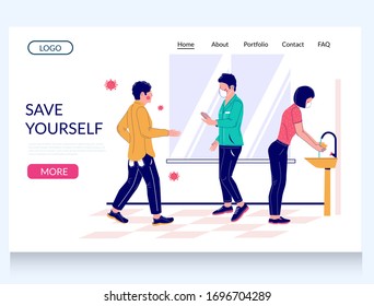 Save yourself during virus pandemic vector website template, landing page design for website and mobile site development. Social distancing, washing hands. Corona virus infection spread prevention.