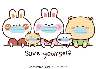 Save yourself writing  Cute animals wearing face mask protection from dust   virus  Cartoon character design  