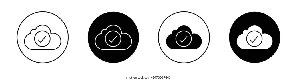 Guardado en conjunto de iconos de unidad. nube con marca de verificación o marca de Vector. guardado en almacenamiento en la nube con relleno negro y contorno.