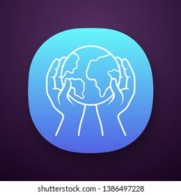 Saved planet app icon. World protection. Global Earth day. Hands holding planet. Ecology, nature, environment saving. UI/UX user interface. Web or mobile application. Vector isolated illustration