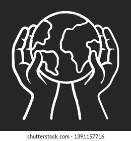 Saved planet chalk icon. Environmental sustainability. World protection. Global Earth day. Hands hold planet. Eco friendly environment. Ecology, nature saving. Isolated vector chalkboard illustration