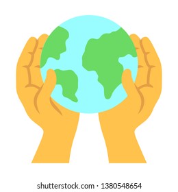 Saved planet flat design long shadow color icon. Environmental sustainability. Global Earth day. Hands holding planet. Eco friendly environment. Ecology, nature saving. Vector silhouette illustration