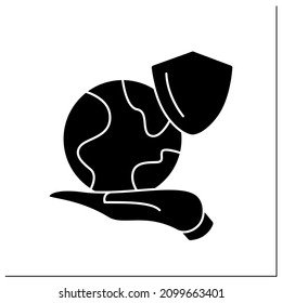 Saved planet glyph icon. Earth globe on palm with shield. Concept of ecology activism, ecology and environment protection and world peace.Filled flat sign. Isolated silhouette vector illustration